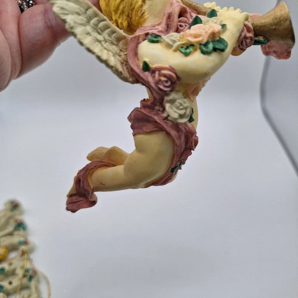 Lot of 2 Christmas Ornaments Noel With Cherubs & Angel Trumpet Floral‎ Taiwan